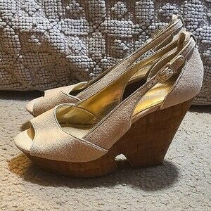 BCBGeneration Women's Size 8B Cork Wedge‎ Peep Toe Wedge Sandals